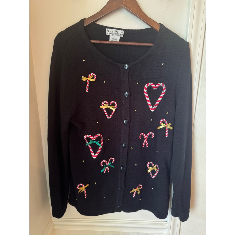 Nouveaux Christmas Candy Cane Heart Cardigan Sweater Black Women Large Holiday